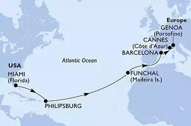 MSC GRANDIOSA - trasa 15 nocy podróż z: Miami United States w dniu 19/04/2026 - Miami,Philipsburg,Funchal,Barcelona,Cannes,Genoa