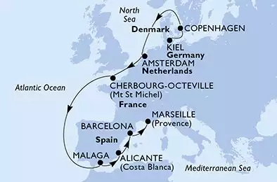 MSC EURIBIA - trasa 11 nocy podróż z: Kiel Germany w dniu 10/10/2026 - Kiel,Copenhagen,Amsterdam,Cherbourg,Malaga,Alicante,Barcelona,Marseille