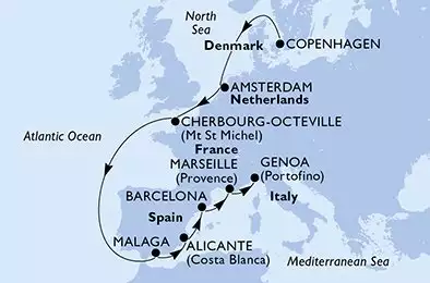 MSC EURIBIA - trasa 11 nocy podróż z: Copenhagen Denmark w dniu 11/10/2026 - Copenhagen,Amsterdam,Cherbourg,Malaga,Alicante,Barcelona,Marseille,Genoa