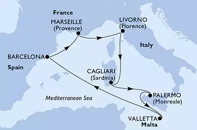 MSC SPLENDIDA - trasa 7 nocy podróż z: Cagliari (Sardinia) Italy w dniu 14/10/2026 - Cagliari,Palermo,Valletta,Barcelona,Marseille,Livorno,Cagliari