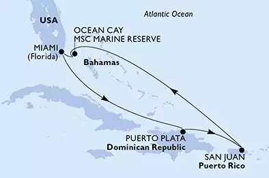 MSC WORLD AMERICA - trasa 7 nocy podróż z: Miami United States w dniu 29/05/2027 - Miami,Puerto Plata,San Juan,Ocean Cay,Miami
