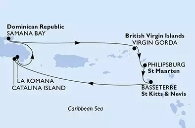 MSC OPERA - trasa 7 nocy podróż z: La Romana Dominican Republic w dniu 23/11/2026 - La Romana,Samana Bay,Virgin Gorda,Philipsburg,Basseterre,Catalina Island,La Romana