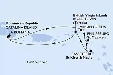 MSC OPERA - trasa 7 nocy podróż z: La Romana Dominican Republic w dniu 07/12/2026 - La Romana,Virgin Gorda,Philipsburg,Basseterre,Road Town,Catalina Island,La Romana