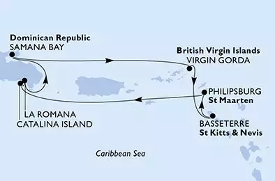 MSC OPERA - trasa 7 nocy podróż z: La Romana Dominican Republic w dniu 21/12/2026 - La Romana,Samana Bay,Virgin Gorda,Basseterre,Philipsburg,Catalina Island,La Romana