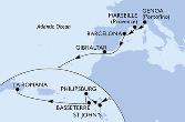 Genoa,Marseille,Barcelona,Gibraltar,St John s,Philipsburg,Basseterre,La Romana