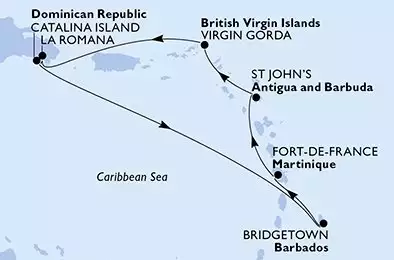 MSC OPERA - trasa 7 nocy podróż z: La Romana Dominican Republic w dniu 11/01/2027 - La Romana,Catalina Island,Bridgetown,Fort de France,St John s,Virgin Gorda,La Romana