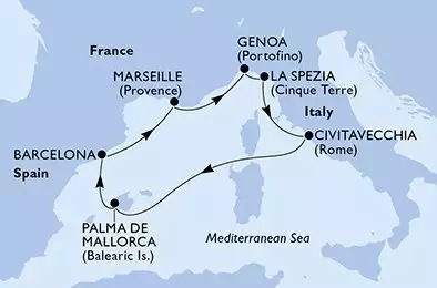 MSC WORLD EUROPA - trasa 7 nocy podróż z: Civitavecchia (Rome) Italy w dniu 28/04/2027 - Civitavecchia,Palma de Mallorca,Barcelona,Marseille,Genoa,La Spezia,Civitavecchia