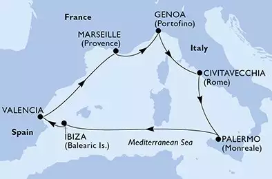 MSC MUSICA - trasa 7 nocy podróż z: Valencia Spanien w dniu 12/08/2027 - Valencia,Marseille,Genoa,Civitavecchia,Palermo,Ibiza,Valencia