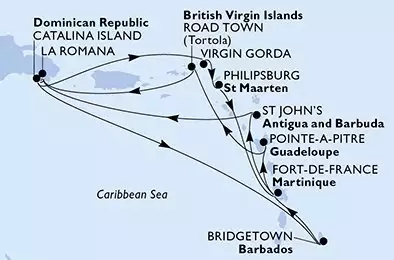 MSC OPERA - trasa 14 nocy podróż z: Bridgetown Barbados w dniu 29/04/2027 - Bridgetown,Fort de France,Pointe-a-Pitre,Road Town,La Romana,Catalina Island,Virgin Gorda,Philipsburg,Fort de France,St John s,La Romana,Catalina Island,Bridgetown