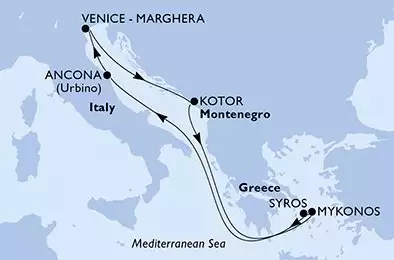 MSC LIRICA - trasa 7 nocy podróż z: Venice - Marghera Italy w dniu 01/05/2027 - Venice-Marghera,Kotor,Mykonos,Syros,Ancona,Venice-Marghera