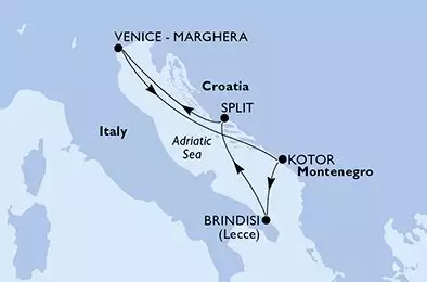 MSC ARMONIA - trasa 5 nocy podróż z: Venice - Marghera Italy w dniu 27/04/2027 - Venice-Marghera,Kotor,Brindisi,Split,Venice-Marghera