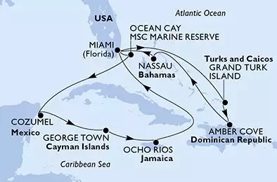 MSC DIVINA - trasa 13 nocy podróż z: Miami United States w dniu 25/01/2026 - Miami,Ocean Cay,Cozumel,George Town,Ocho Rios,Miami,Grand Turk Island,Amber Cove,Nassau,Miami