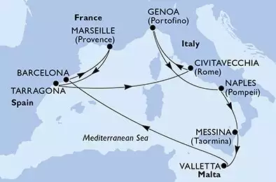 MSC MAGNIFICA - trasa 10 nocy podróż z: Marsella (Provenza) Francia w dniu 04/11/2026 - Marseille,Tarragona,Civitavecchia,Genoa,Naples,Messina,Valletta,Barcelona,Marseille
