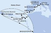 Genoa,Marseille,Barcelona,Gibraltar,St John s,Philipsburg,Basseterre,La Romana,Catalina Island,Bridgetown