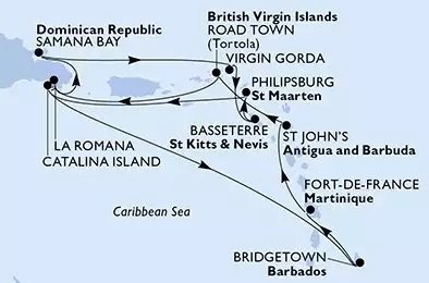 MSC OPERA - trasa 14 nocy podróż z: La Romana Dominican Republic w dniu 21/12/2026 - La Romana,Samana Bay,Virgin Gorda,Basseterre,Philipsburg,Catalina Island,La Romana,Catalina Island,Bridgetown,Fort de France,St John s,Road Town,La Romana
