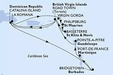 MSC OPERA - trasa 14 nocy podróż z: La Romana Dominican Republic w dniu 07/12/2026 - La Romana,Virgin Gorda,Philipsburg,Basseterre,Road Town,Catalina Island,La Romana,Catalina Island,Bridgetown,Fort de France,Pointe-a-Pitre,Road Town,La Romana