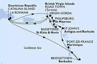 MSC OPERA - trasa 14 nocy podróż z: La Romana Dominican Republic w dniu 25/01/2027 - La Romana,Catalina Island,Bridgetown,Fort de France,St John s,Road Town,La Romana,Virgin Gorda,Philipsburg,Basseterre,Road Town,Catalina Island,La Romana