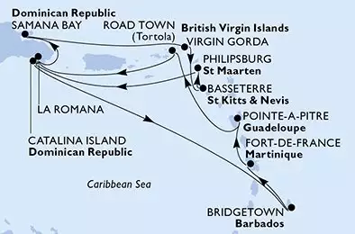 MSC OPERA - trasa 14 nocy podróż z: La Romana Dominican Republic w dniu 14/12/2026 - La Romana,Catalina Island,Bridgetown,Fort de France,Pointe-a-Pitre,Road Town,La Romana,Samana Bay,Virgin Gorda,Basseterre,Philipsburg,Catalina Island,La Romana