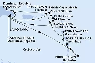 MSC OPERA - trasa 14 nocy podróż z: La Romana Dominican Republic w dniu 16/11/2026 - Dominican Republic,Barbados,Martinique,Guadeloupe,Virgin Islands (British),Netherlands Antilles,Saint Kitts and Nevis
