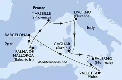 MSC SPLENDIDA - trasa 8 nocy podróż z: Barcelona Spanien w dniu 02/05/2026 - Spain,France,Italy,Malta