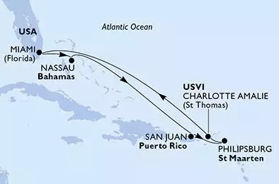 MSC MERAVIGLIA - trasa 8 nocy podróż z: Miami United States w dniu 30/01/2027 - United States,Bahamas,Puerto Rico,Netherlands Antilles,Virgin Islands (U.S.)