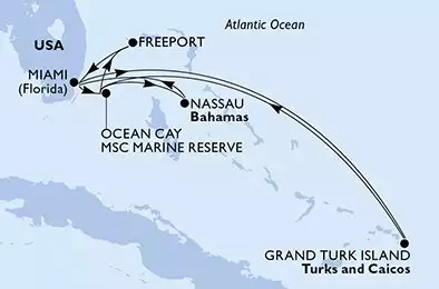 MSC MERAVIGLIA - trasa 10 nocy podróż z: Miami United States w dniu 11/11/2026 - Miami,Ocean Cay,Freeport,Miami,Grand Turk Island,Ocean Cay,Nassau,Miami