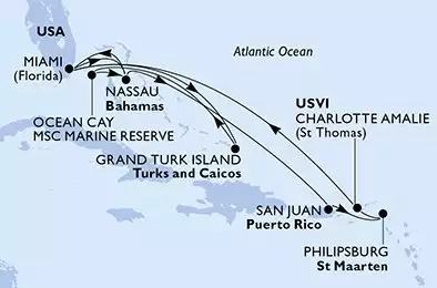 MSC MERAVIGLIA - trasa 14 nocy podróż z: Miami United States w dniu 30/01/2027 - Miami,Nassau,San Juan,Philipsburg,Charlotte Amalie,Miami,Grand Turk Island,Ocean Cay,Nassau,Miami