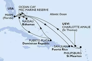 MSC MERAVIGLIA - trasa 14 nocy podróż z: Miami United States w dniu 24/01/2027 - Miami,Nassau,Ocean Cay,Puerto Plata,Miami,Nassau,San Juan,Philipsburg,Charlotte Amalie,Miami
