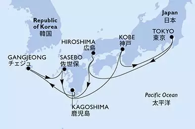 MSC BELLISSIMA - trasa 10 nocy podróż z: Tokyo Japan w dniu 10/04/2027 - Tokyo,Hiroshima,Kagoshima,Gangjeong,Sasebo,Kobe,Tokyo