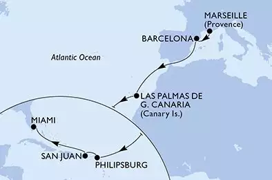 MSC GRANDIOSA - trasa 15 nocy podróż z: Marsella (Provenza) Francia w dniu 20/11/2025 - France,Spain,Netherlands Antilles,Puerto Rico,United States