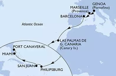 MSC GRANDIOSA - trasa 17 nocy podróż z: Genua (Portofino) Italien w dniu 19/11/2025 - Italy,France,Spain,Netherlands Antilles,Puerto Rico,United States
