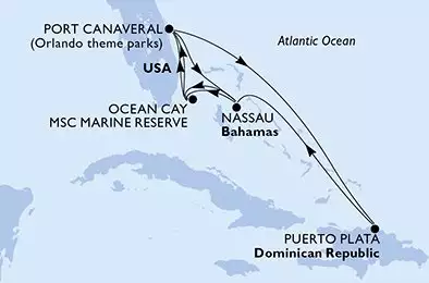 MSC SEASHORE - trasa 11 nocy podróż z: PortCanaveral United States w dniu 27/12/2026 - United States,Dominican Republic,Bahamas