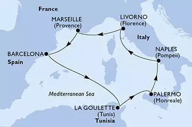 MSC VIRTUOSA - trasa 7 nocy podróż z: Livorno (Florence) Italy w dniu 07/11/2027 - Livorno,Marseille,Barcelona,La Goulette,Palermo,Naples,Livorno