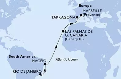 MSC MUSICA - trasa 14 nocy podróż z: Rio de Janeiro Brésil w dniu 02/04/2027 - Rio de Janeiro,Maceio,Las Palmas de G.Canaria,Tarragona,Marseille