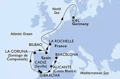 MSC EURIBIA - trasa 10 nocy podróż z: Barcelona Spanien w dniu 14/04/2027 - Barcelona,Alicante,Gibraltar,Cadiz,La Coruna,Bilbao,La Rochelle,Kiel