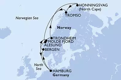 MSC PREZIOSA - trasa 11 nocy podróż z: Hamburg Germany w dniu 27/05/2027 - Hamburg,Bergen,Molde Fjord,Trondheim,Honningsvag,Tromso,Alesund,Hamburg