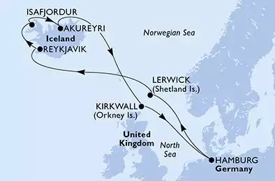 MSC PREZIOSA - trasa 11 nocy podróż z: Hamburg Germany w dniu 07/06/2027 - Hamburg,Lerwick,Reykjavik,Isafjordur,Akureyri,Kirkwall,Hamburg
