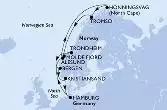 Hamburg,Alesund,Honningsvag,Tromso,Molde Fjord,Trondheim,Bergen,Kristiansand,Hamburg