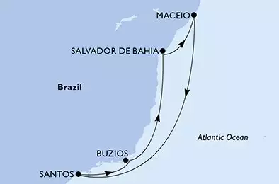 MSC VIRTUOSA - trasa 7 nocy podróż z: Maceio Brazil w dniu 09/12/2026 - Maceio,Santos,Buzios,Salvador,Maceio
