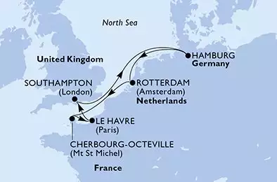 MSC PREZIOSA - trasa 7 nocy podróż z: Hamburgo Alemanha w dniu 18/10/2026 - Germany,Netherlands,France,United Kingdom