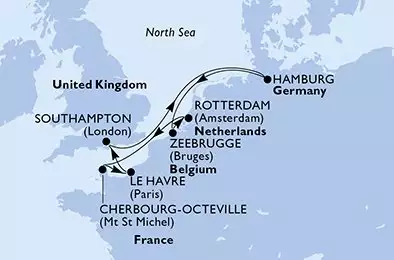 MSC PREZIOSA - trasa 8 nocy podróż z: Rotterdam Netherlands w dniu 20/10/2026 - Netherlands,France,United Kingdom,Germany,Belgium