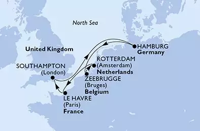 MSC PREZIOSA - trasa 7 nocy podróż z: Southampton United Kingdom w dniu 23/10/2026 - United Kingdom,Germany,Belgium,Netherlands,France