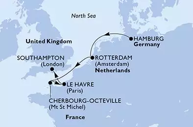 MSC PREZIOSA - trasa 5 nocy podróż z: Hamburgo Alemanha w dniu 18/10/2026 - Germany,Netherlands,France,United Kingdom