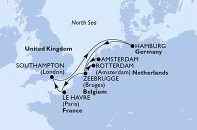 MSC PREZIOSA - trasa 8 nocy podróż z: Amsterdam Netherlands w dniu 03/11/2026 - Netherlands,Belgium,France,United Kingdom,Germany