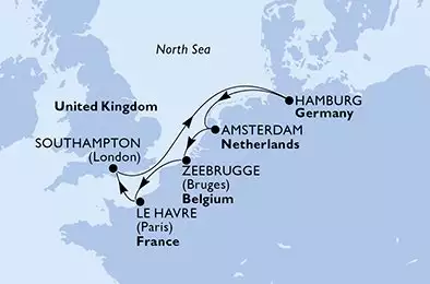 MSC PREZIOSA - trasa 7 nocy podróż z: Southampton United Kingdom w dniu 30/10/2026 - United Kingdom,Germany,Netherlands,Belgium,France