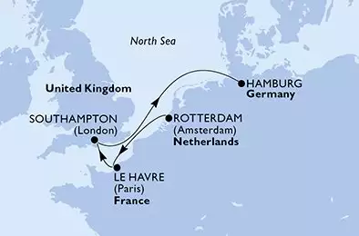 MSC PREZIOSA - trasa 4 nocy podróż z: Rotterdam Netherlands w dniu 21/04/2027 - Rotterdam,Le Havre,Southampton,Hamburg