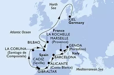 MSC EURIBIA - trasa 13 nocy podróż z: Marsiglia (Provenza) Francia w dniu 11/04/2027 - Marseille,Genoa,Barcelona,Alicante,Gibraltar,Cadiz,La Coruna,Bilbao,La Rochelle,Kiel