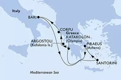 MSC ORCHESTRA  - trasa 7 nocy podróż z: Piraeus Greece w dniu 27/04/2027 - Piraeus,Katakolon,Cefalonia,Corfu,Bari,Santorini,Piraeus