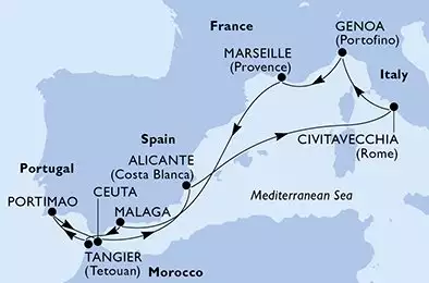MSC SINFONIA - trasa 10 nocy podróż z: Malaga (Granada) Spain w dniu 21/04/2027 - Malaga,Tangier,Portimao,Ceuta,Alicante,Civitavecchia,Genoa,Marseille,Malaga