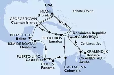 MSC POESIA - trasa 21 nocy podróż z: Miami United States w dniu 31/10/2027 - Miami,Ocho Rios,Cartagena,Colon,Puerto Limon,Isla de Roatan,Belize City,Miami,Kralendijk,Oranjestad,Cabo Rojo,Ocho Rios,George Town,Miami